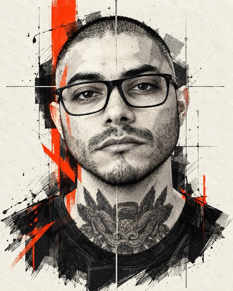Illustrated portrait of Chris Leary in ink and orange paint strokes